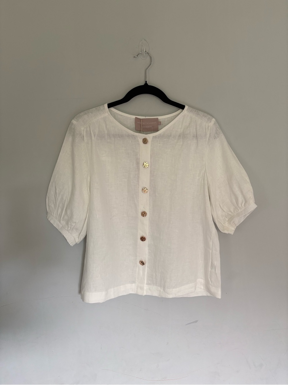 White Closet 100% Linen White Puff Sleeve Button-Front Blouse NWT | Size 10
